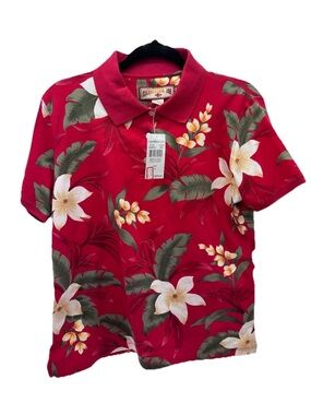 Caribbean Joe Red Tropical Floral Polo